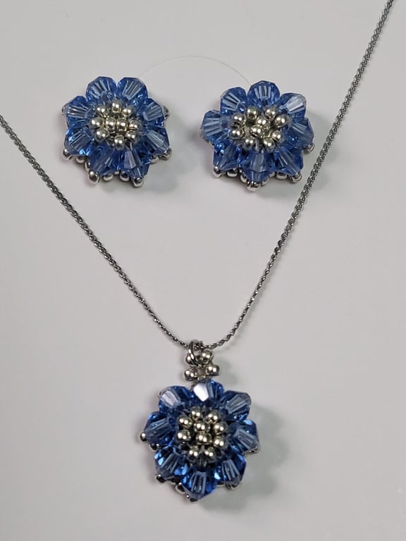 Cornflower Blue Crystal Flower Necklace and Stud Earrings Handmade Jewellery Set