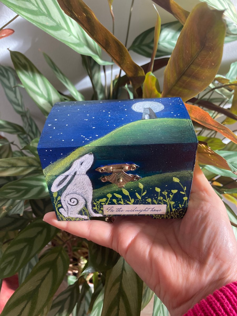 Painted Trinket Box Moon Gazing Hare & Glastonbury Tor 'In The Midnight Hour'