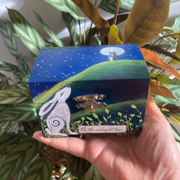 Painted Trinket Box Moon Gazing Hare & Glastonbury Tor 'In The Midnight Hour'