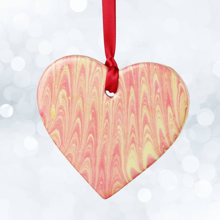 Marbled ceramic 8.5cm heart hanging decoration red gold seconds sunday 