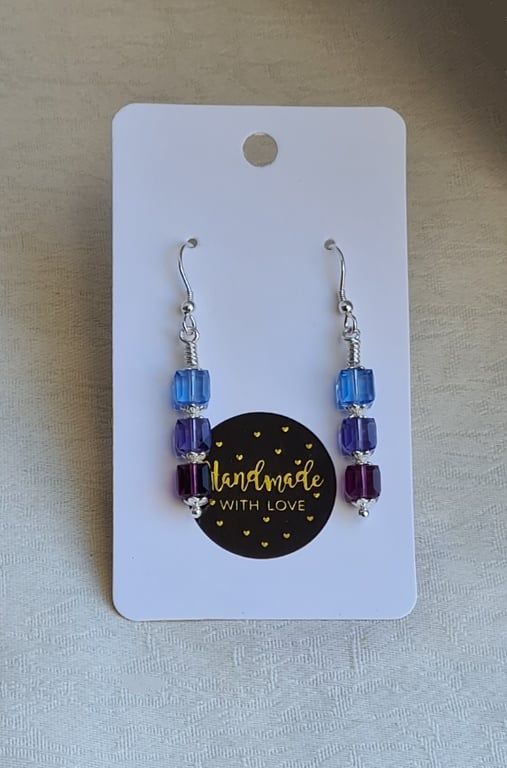 Gorgeous Crystal Cubes Earrings - Blue Purples - Sterling Silver