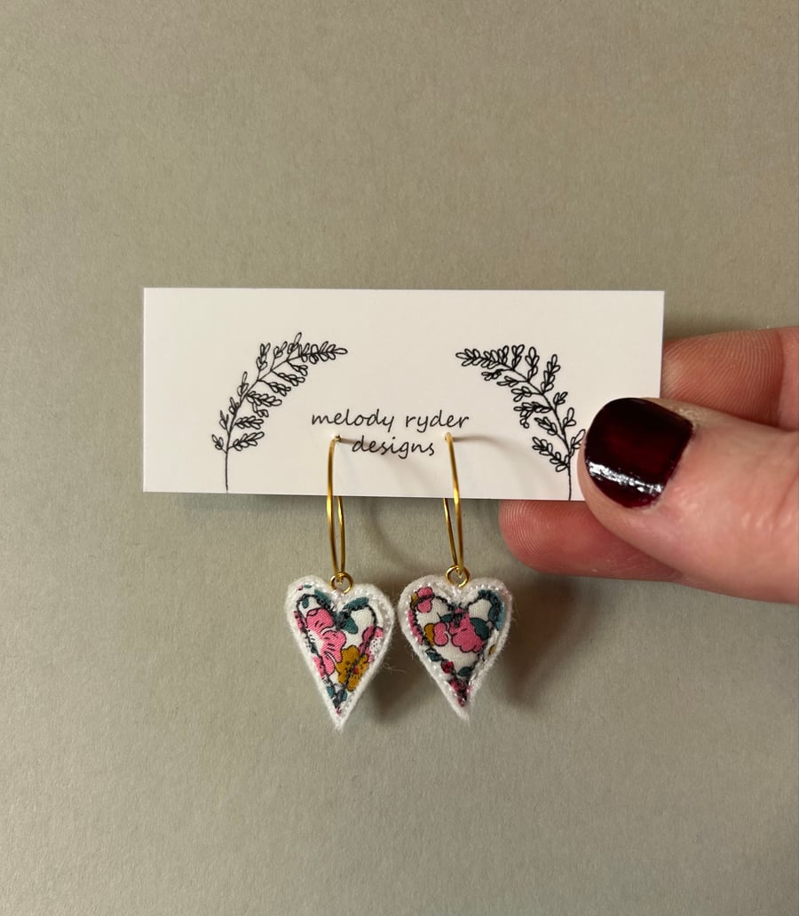 Heart embroidered Liberty print hoop earrings 