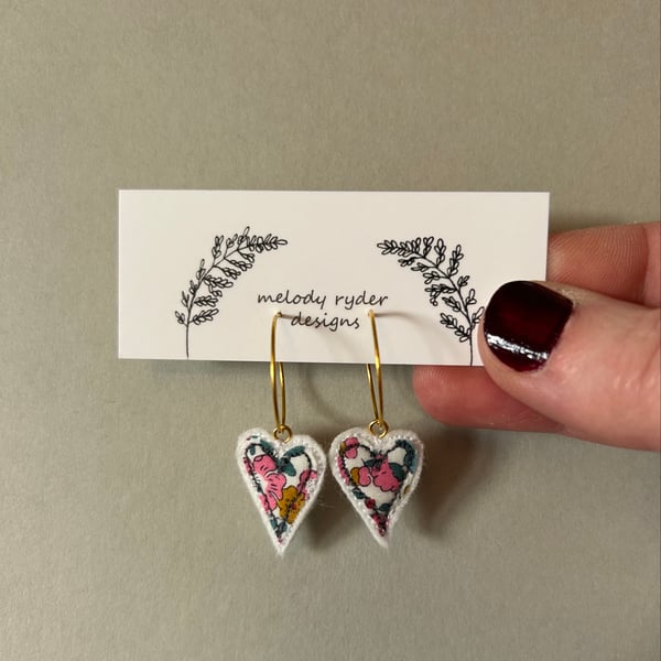 Heart embroidered Liberty print hoop earrings 