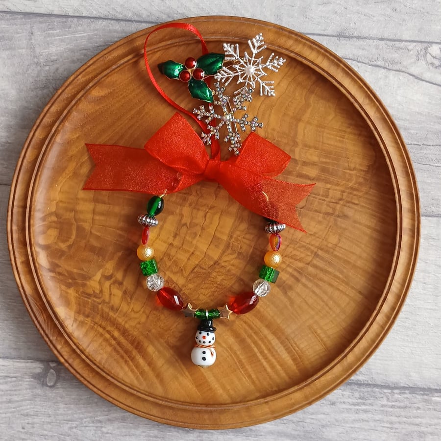 Beaded Ring Christmas Tree Decoration - Snowman