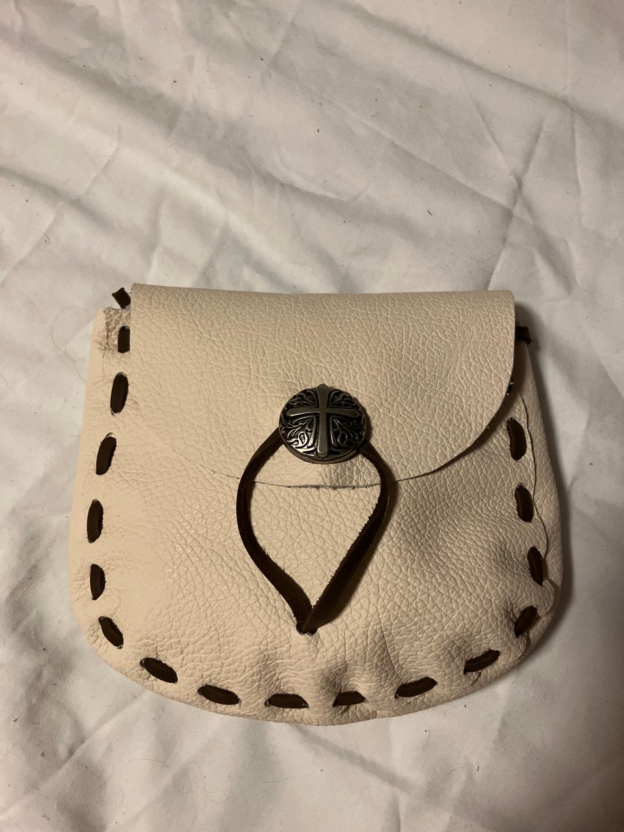 Cream coloured Leather Medieval Style Pouch - Decorative X Closure - FREE SHIP