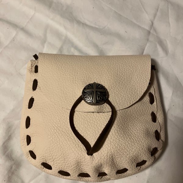 Cream coloured Leather Medieval Style Pouch - Decorative X Closure - FREE SHIP