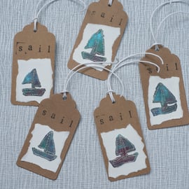 Set of  Five Embroidered Sail Boat Gift Tags 