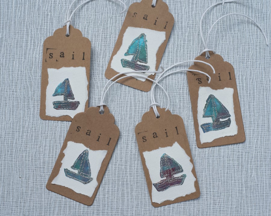 Set of  Five Embroidered Sail Boat Gift Tags 