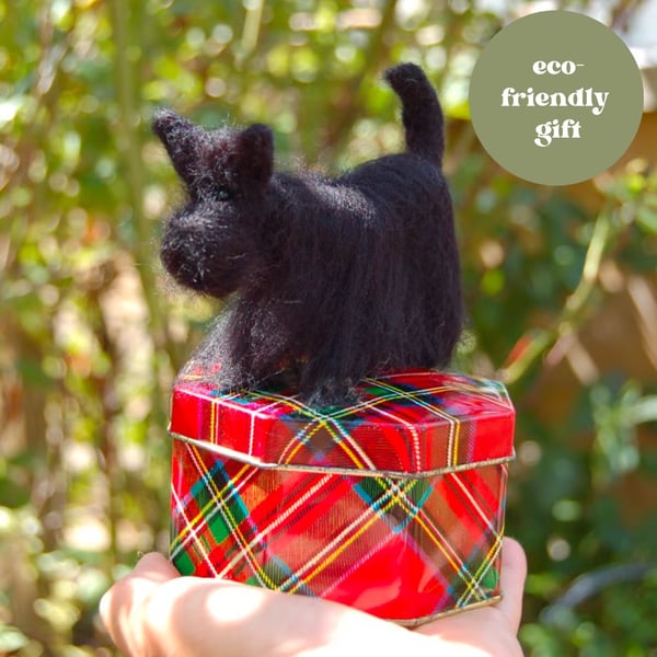 Needle felt Scottish Terrier attached to a tartan tin.   Scottie dog ornament