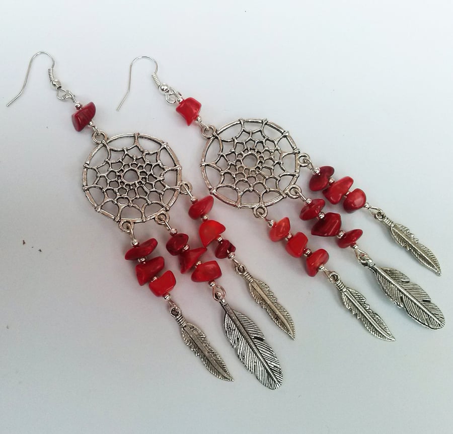 Silver Plate Red Coral Dreamcatcher Dream Catcher Statement Earrings