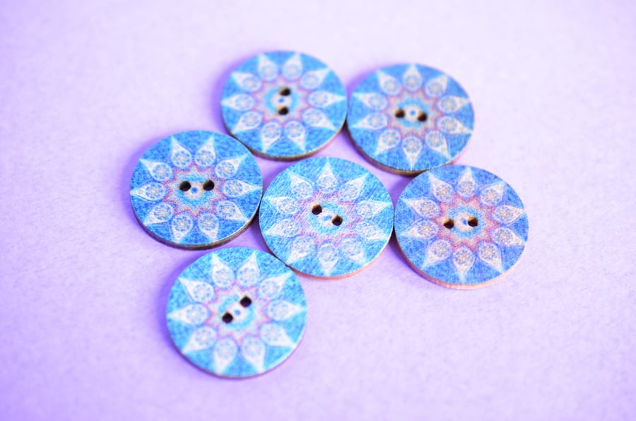 Wooden Mandala Patterned Buttons Deep Blue 6pk 25mm (M5)