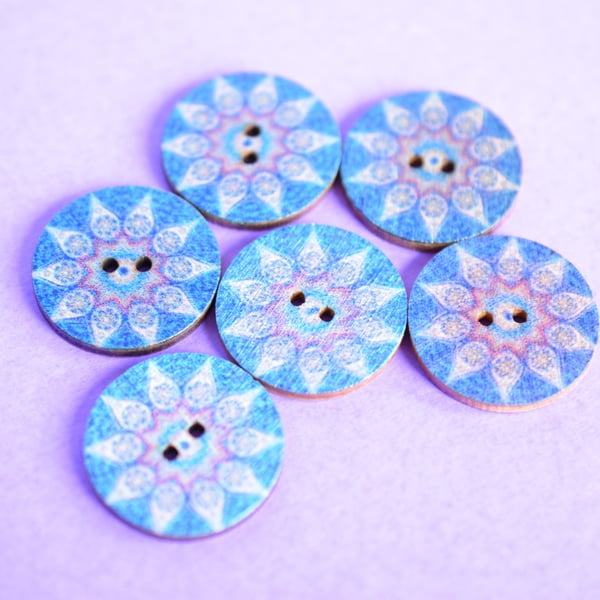 Wooden Mandala Patterned Buttons Deep Blue 6pk 25mm (M5)