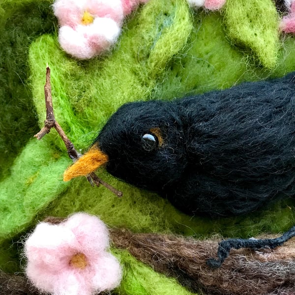 Needle felted 3 D picture, blackbird, with blossom flowers 