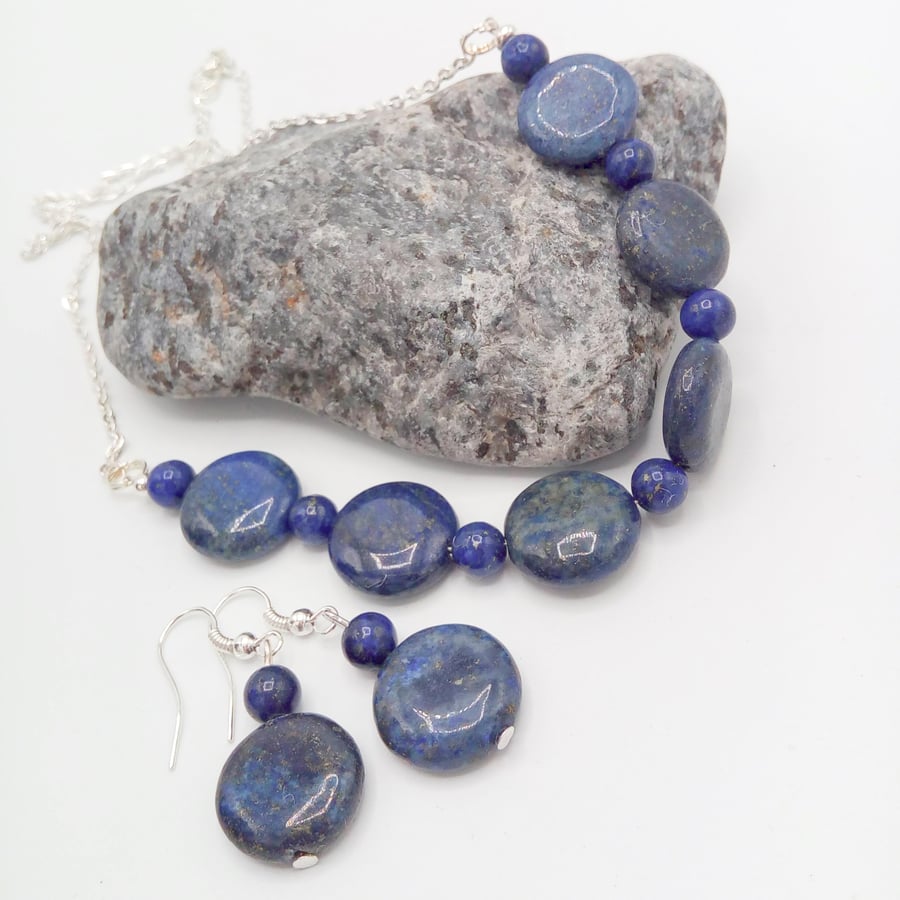  Cobalt Blue Lapis Lazuli Disc Bead Necklace and Earrings Set, Gift for Her
