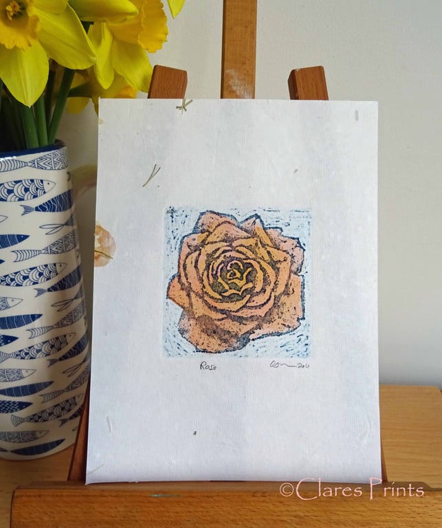 Yellow Orange Rose Art Original Print Collagraph Printmaking Floral