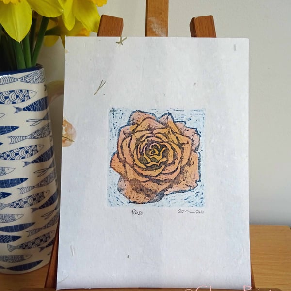 Yellow Orange Rose Art Original Print Collagraph Printmaking Floral