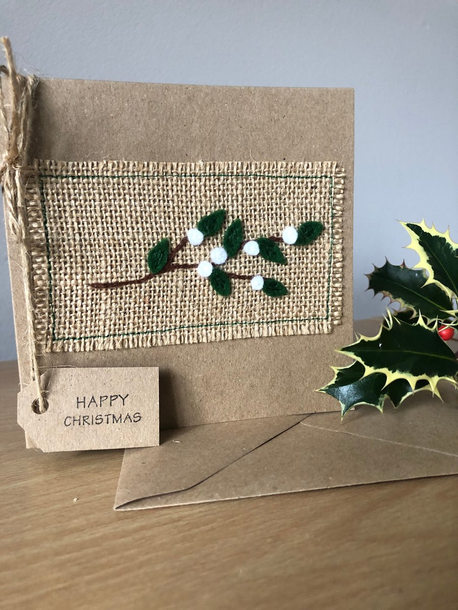 Festive branch with white berries. Felt, handmade Christmas card.
