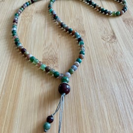 Indian Agate and Garnet long beaded gemstone necklace