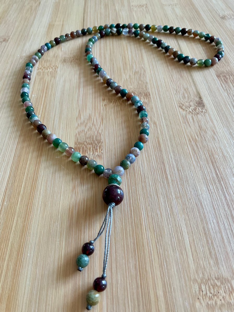 Indian Agate and Garnet long beaded gemstone necklace