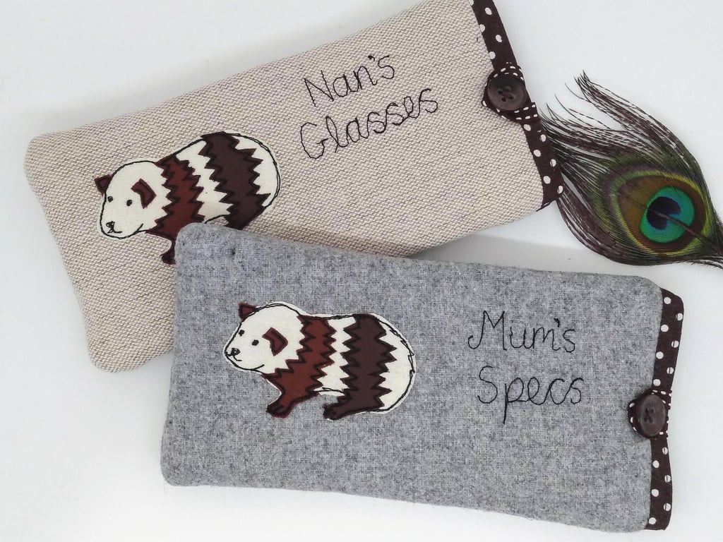 Guinea Pig Custom Glasses Case - Personalised Specs or Sunglasses Pouch on Linen