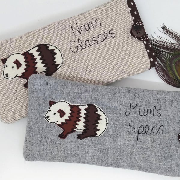 Guinea Pig Custom Glasses Case - Personalised Specs or Sunglasses Pouch on Linen
