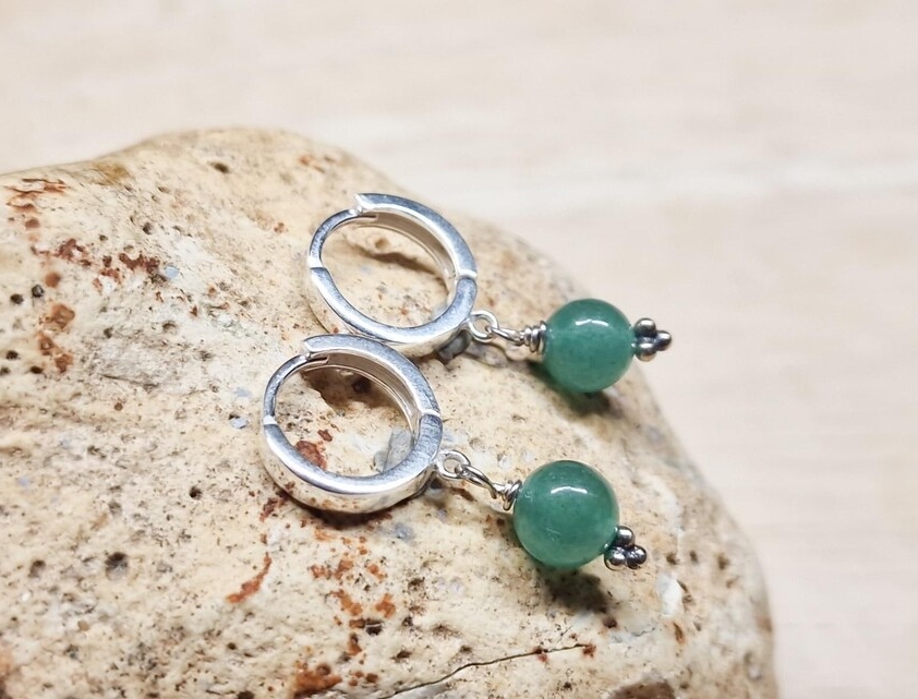Green Aventurine huggie hoop earrings. Sterling silver