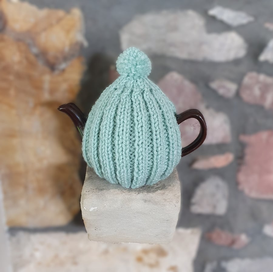 Small Tea Cosy for 2 Cup Tea Pot, Duck Egg Green, Hand Knitted, Wool Mix Yarn