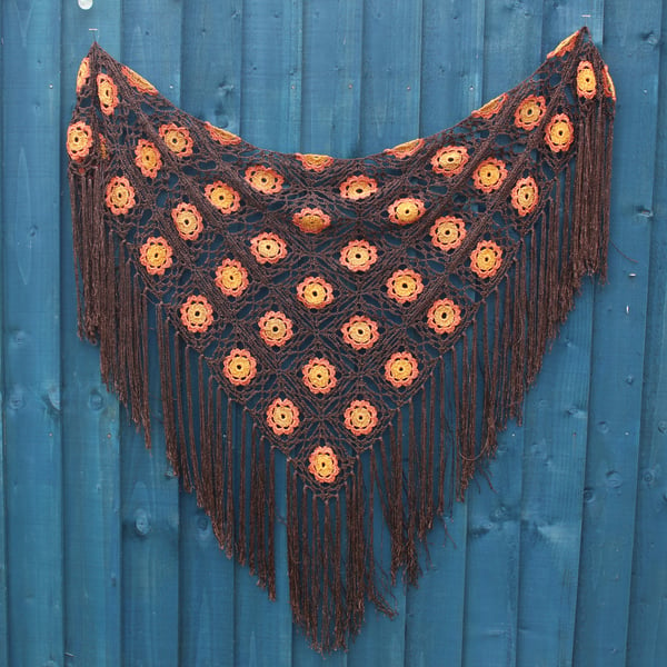 Crochet triangular shawl in sparkly orange, burnt orange, brown - design LF433