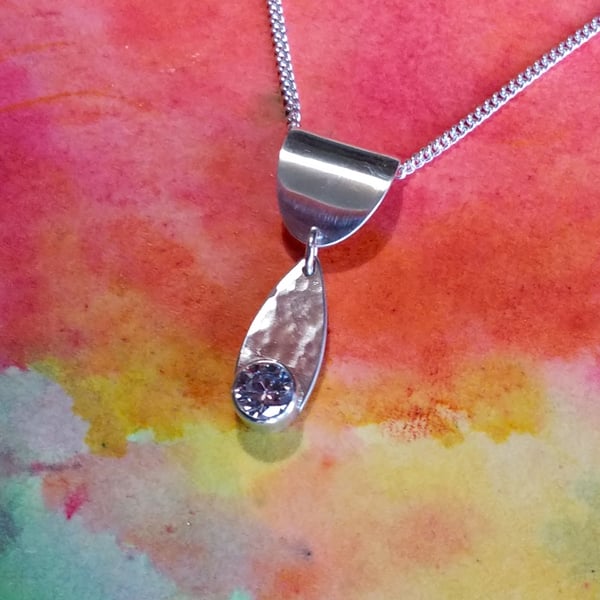 Stylised Leaf Droplet Silver Pendant with 5mm CZ, Sterling Silver Chain