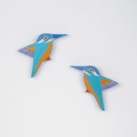 Kingfisher wall hangings, set of 2 flying miniature birds, British birds.