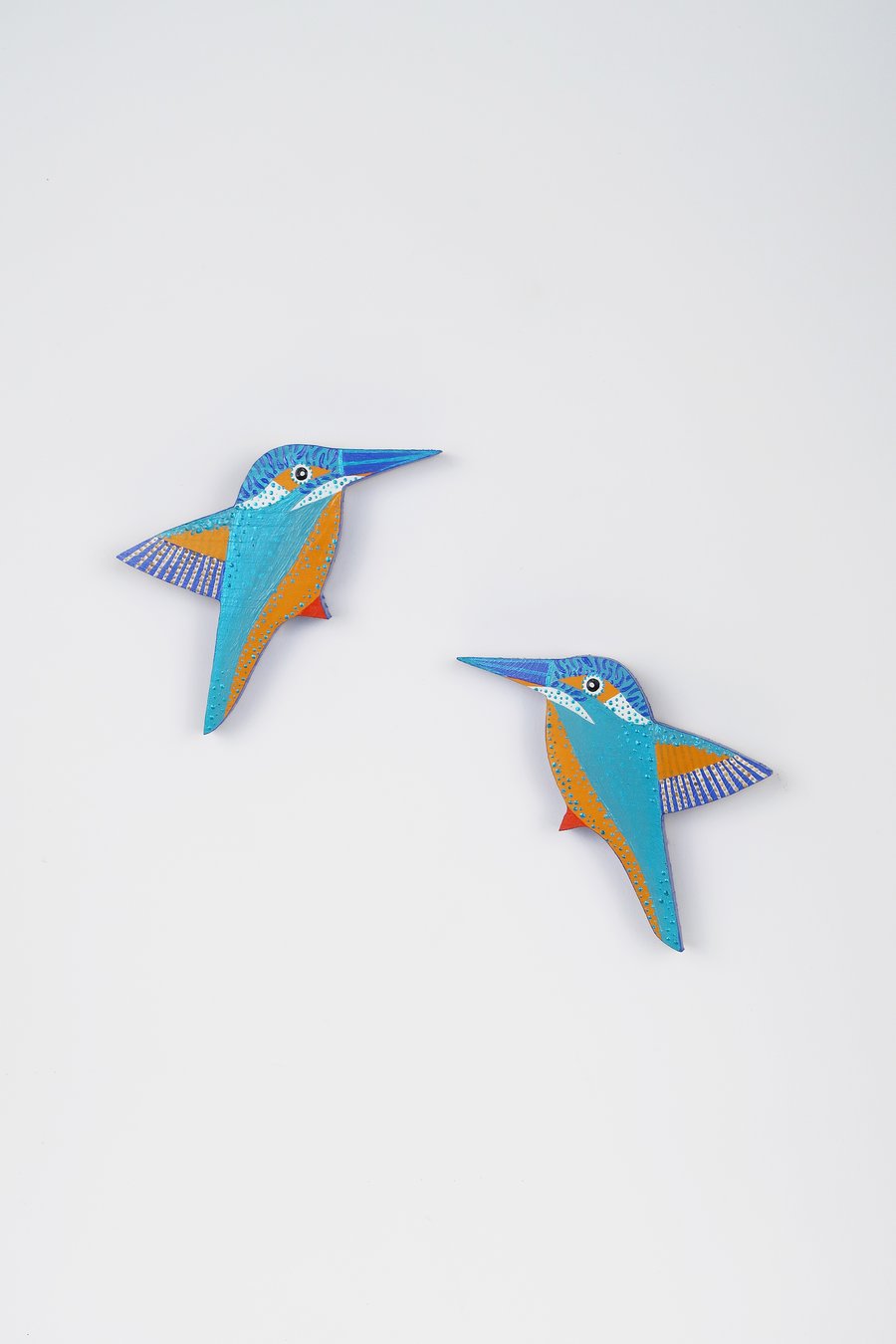 Kingfisher wall hangings, set of 2 flying miniature birds, British birds.