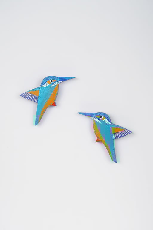 Kingfisher wall hangings, set of 2 flying miniature birds, British birds.
