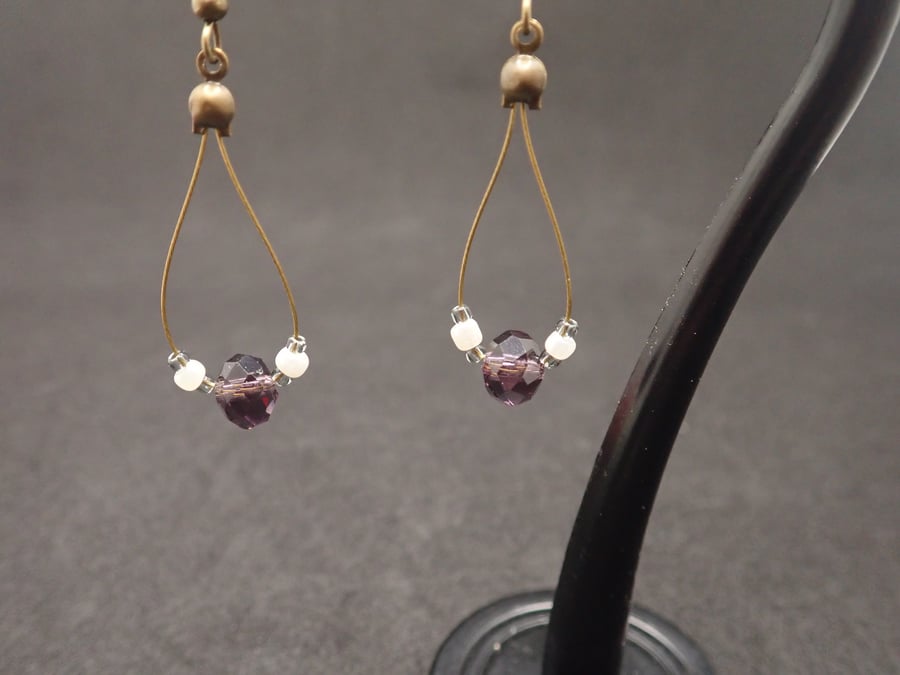 Purple and white Beaded Dangle Earring for Pierced ears