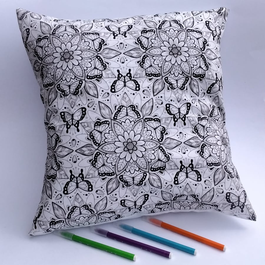 SALE - Butterfly Mandala Cushion Cover to Colour, Letterbox Gift