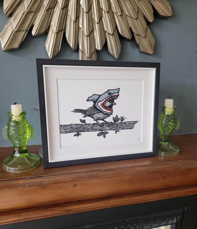 Linocut Shark and Bird Art lino print - Handmade Original art