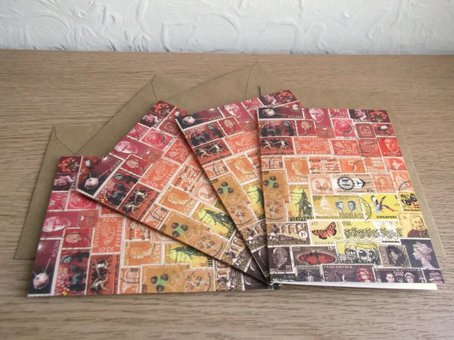 Set of 4 x Sunset New Year Calendar Cards - Orange Brown Postage Stamp Print
