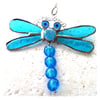 Dragonfly Suncatcher Stained Glass Turquoise Bead-Tailed 054