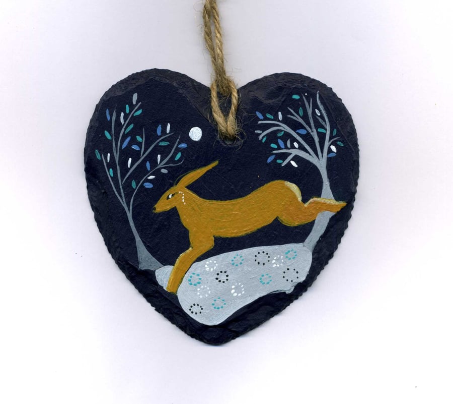 Slate Hanging Heart..Original painting of a Leaping Hare in landscape