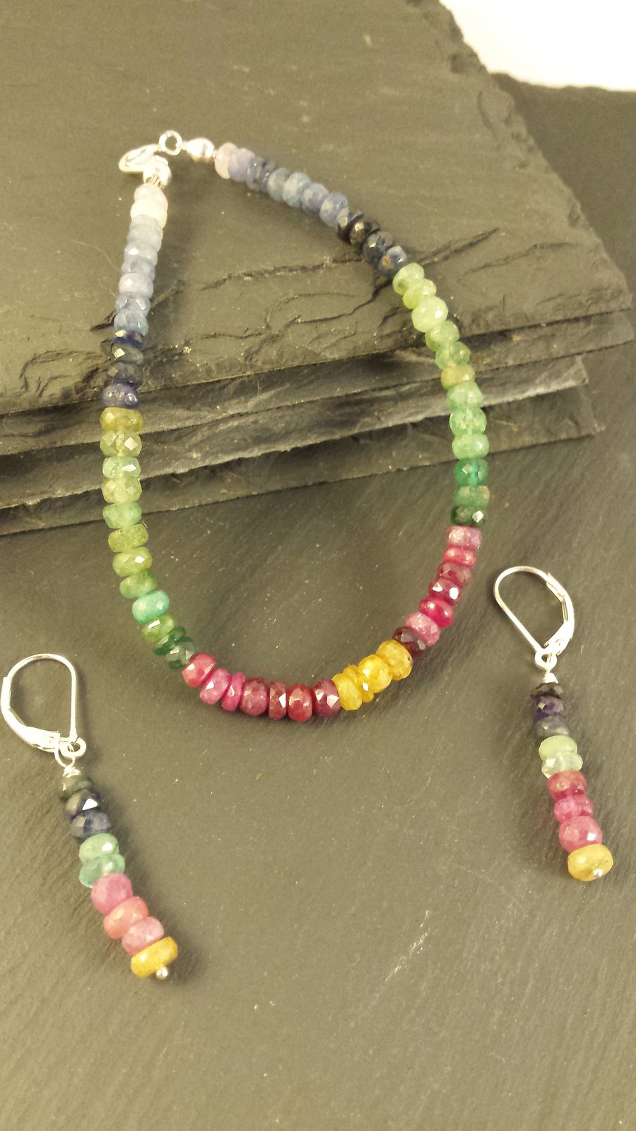 Rainbow of Sapphire, Ruby and Emerald Bracelet and Earring Set 1