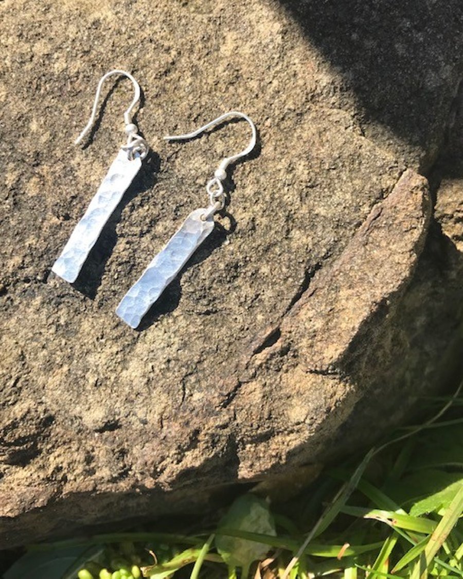 Sterling Silver 925 Long Textured Drop Hook Earrings