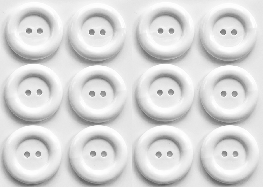 12 Clown-Style Buttons, 15mm Wide, White, Ring Edge, Dish, Glossy Finish