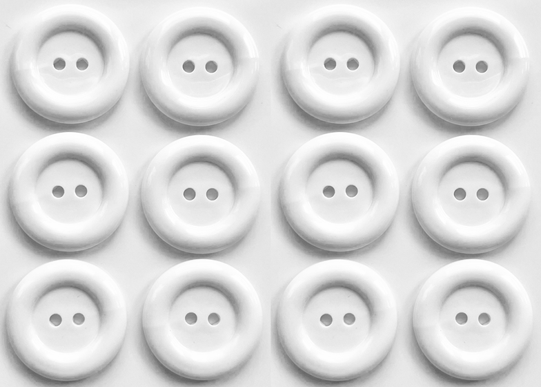 12 Clown-Style Buttons, 23mm Wide, White, Ring Edge, Dish, Glossy Finish