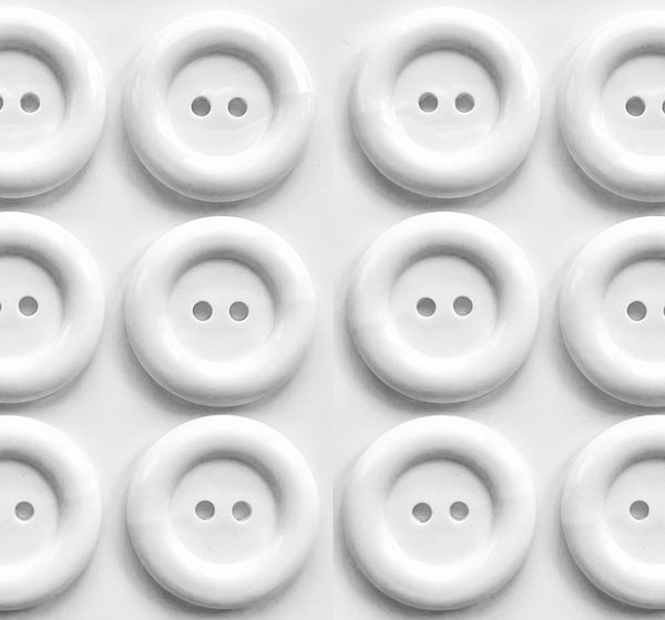 12 Clown-Style Buttons, 15mm Wide, White, Ring Edge, Dish, Glossy Finish