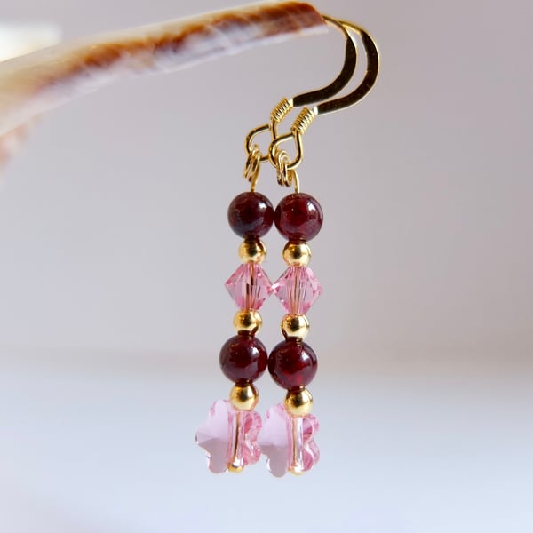 Garnet And Rose Swarovski Crystal Earrings - Handmade in Devon.