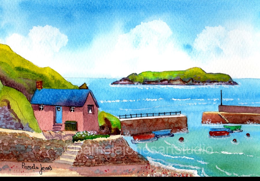 Mullion Cove, Cornwall, Original Watercolour in 14 x 11 '' Mount