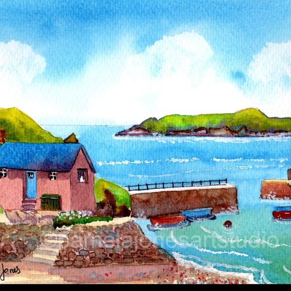 Mullion Cove, Cornwall, Original Watercolour in 14 x 11 '' Mount