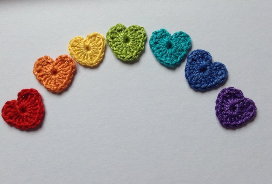 Crochet Heart Appliques in Rainbow Colours