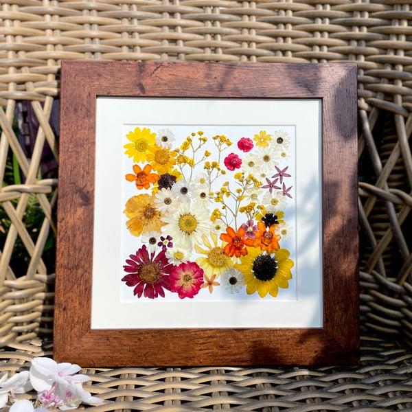 Summertime Gardens, Pressed flower framed art, 25.5cm, Botanical collage,