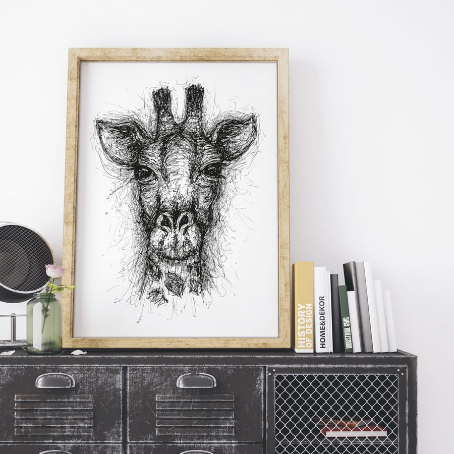 Scribble Giraffe Wall Art Print, Animal Print, Giraffe Print Design, Animal Art