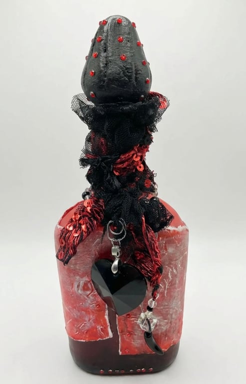 Noir Valentine Hand Sculpted Bottle Art Altered Crimson Heart & Black Lace 